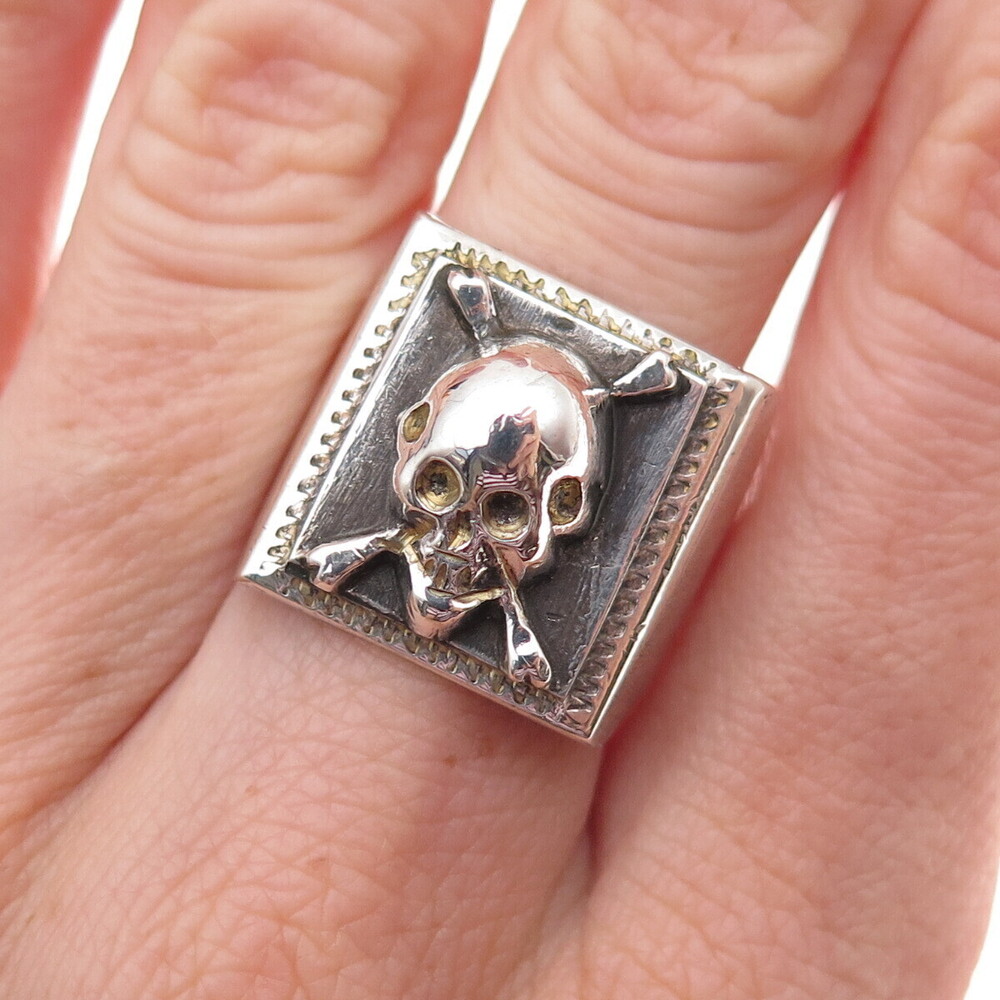 925 Sterling Silver Vintage Mexico Skull Oxidized Ring Size 7.75